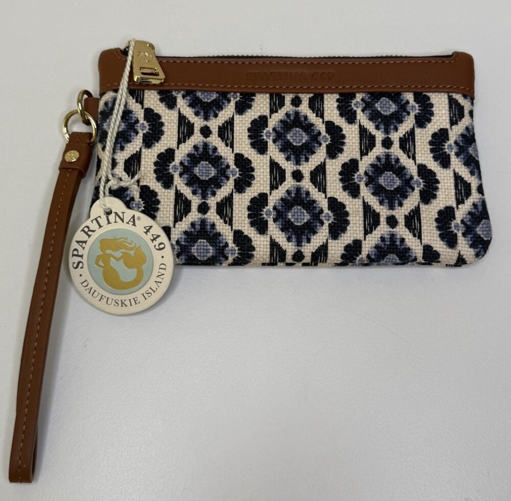 Spartina 449 Wristlet Blue White Linen Brown Leather Trim Boho Zip Wallet